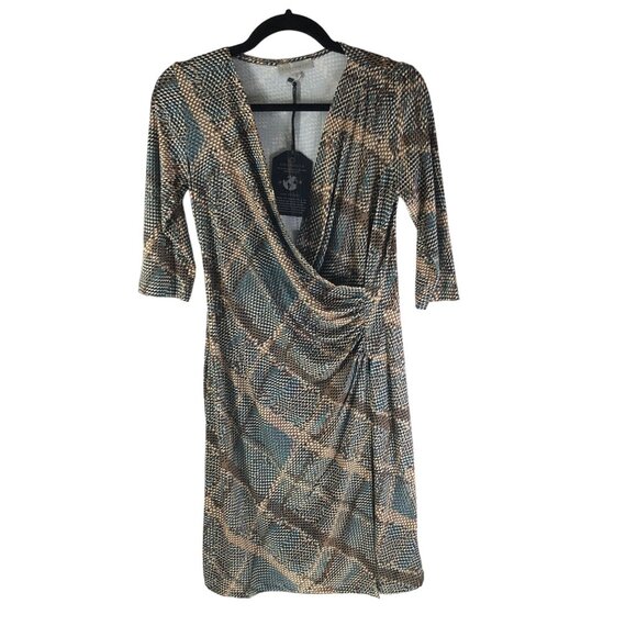 Anatomie Printed Marine Dress in Reptile Plaid Green Brown Faux Wrap Size XS - Picture 4 of 8